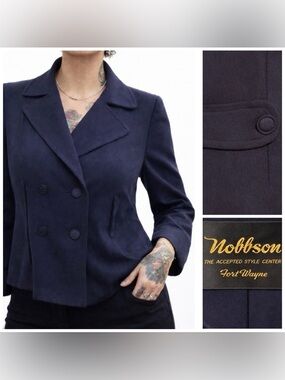80s Vintage navy double breasted blazer with shoulder pads, power suit. XL